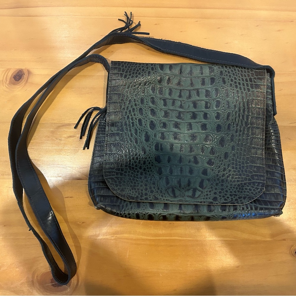B May Gray/Green Embossed Mini Crocodile Leather Messenger